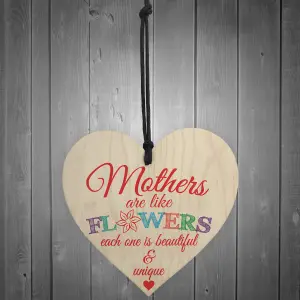 Red Ocean Mothers Are Like Flowers Wooden Hanging Heart Plaque