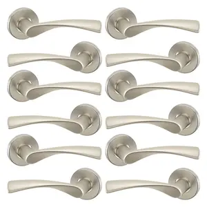 URBNLIVING 120mm Length 12 Pcs Lyon Metal & Satin Nickel Rose Lever Latch Door Handles Set