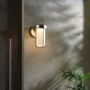 Brushed Silver Outdoor Wall Light & Frosted Glass Shade IP44 Rated 8W LED Module