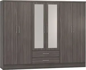 Nevada 6 Door 2 Drawer Mirrored Wardrobe in Black Grain Effect Finish