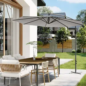 3M Outdoor Light Grey Crank Tilt Solar Banana Light Bar Umbrella Cantilever Parasol with Cross Base