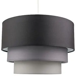 Contemporary Round Triple Tier Soft Grey Cotton Fabric Pendant Light Shade