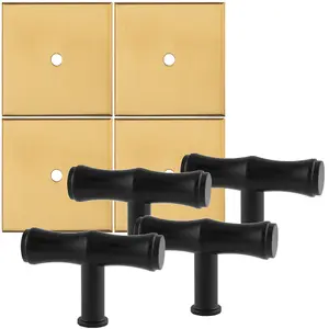 4 PACK - Cabinet Door Knob & Contrasting Backplate Set - Bamboo T Bar Pull - Matt Black & Satin Brass