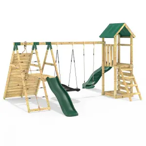 Rebo Wooden Climbing Frame with Swings, 6+8FT Slides & Climbing Wall - San Luis