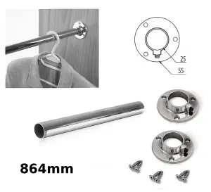 Wardrobe Round Rail Chrome Hanging Rail Free End Supports & Screws - Length 864mm