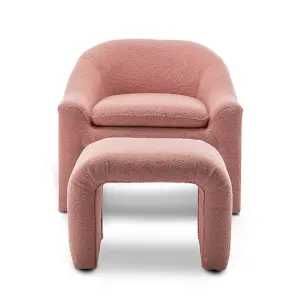 Boucle Teddy Fabric Pink Nicci Accent Chair with Footstool