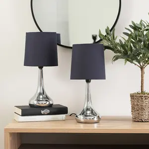 Pair - Silver Chrome Teardrop Touch Dimmer Table Lamps with Navy Blue Shade for Bedside Table Bedroom Light - LED Bulbs Included