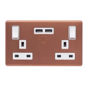 Brushed Copper Screwless Plate 13A 2 Gang Switched DP Socket 2 x USB Outlet (4.8A) - White Trim - SE Home