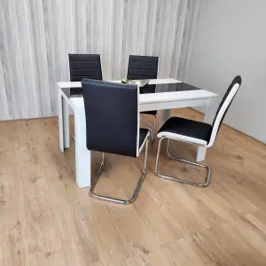 Dining Table and 4 Faux Leather Black White Padded Chairs High Gloss Wood Dining Kitchen Set of 4