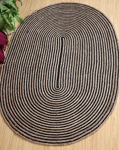 CHAKKAR DARK Stripe Oval Beige Black Rug - Jute - L120 x W180 - Beige/Black