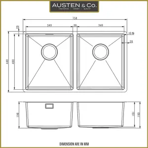 Austen & Co. Garda Double Bowl Reversible Inset Or Undermount Stainless Steel Kitchen Sink