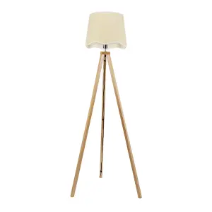 ValueLights Barbro Light Wood Tripod Floor Lamp with Natural Linen Scallop White Edge Shade and LED Bulb