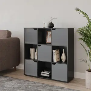 URBNLIVING 9 Cube Black Wooden Bookcase Shelving Display Shelves Storage Unit Wood Shelf Grey Door