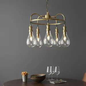 Ceiling Pendant Light - Antique Brass Plate & Clear Glass - 5 x 6W LED E14