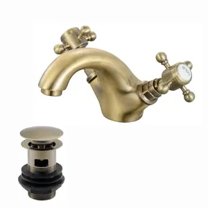 ENKI Camberley Antique Brass Traditional Slotted Brass Basin Mixer Tap & Waste BBT0138