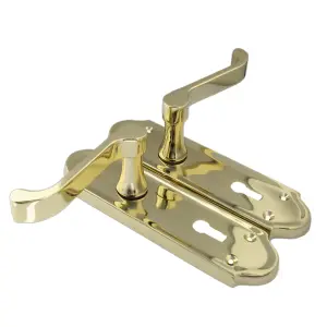 Ashford Door Handle Key Lock Scroll Lever - Polished Brass Key Lock Hinge Pack