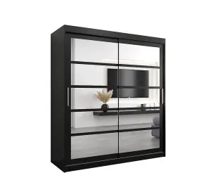 Roma II Black Modern Sliding Door Wardrobe H2000mm W1800mm D620mm with Mirrored Panels and Silver Handles