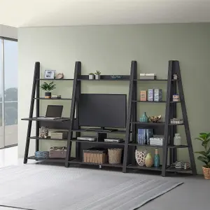 Riva Ladder Bookcase with 5 Tier Shelves & Overhanging Desk Shelf in Black