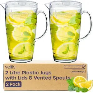 2L Plastic Jug with Lid & Vented Spout - 2-Pack Swirl Design Pitcher for Pimms, Juices, BBQs, Picnics & Garden Parties