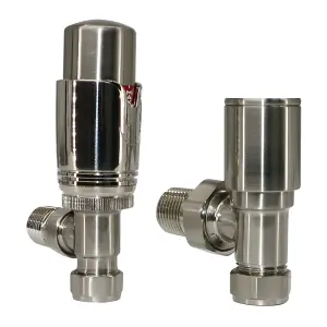 Right Radiators Satin Nickel Angled TRV Thermostatic Radiator Valve and Manual Angled Valve 15mm x 1/2"