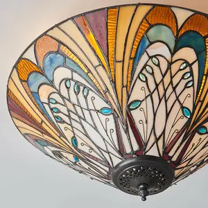 Tiffany Glass Flush Ceiling Light - French Style Design - Dimmable LED Lamp