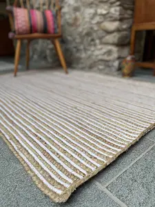 CHAKKAR PALE Stripe Square Beige Hall Rug - Jute - L150 x W150