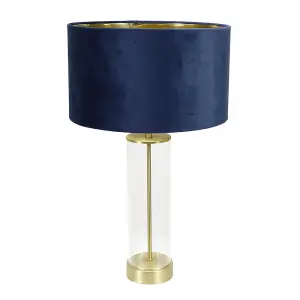 ValueLights Balan Glass with Gold Table Lamp and Navy Blue Velvet with Metallic Gold Inner Lamp Shade and LED Bulb