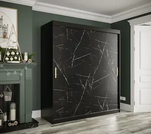 Elegant Black Geneva T Sliding Door Wardrobe W1800mm H2000mm D620mm - Ample Storage, Gold Metal Handles, Sleek Design