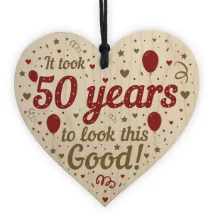 Red Ocean Funny 50th Birthday Gifts For Women Men Wooden Heart 50th Birthday Decoration Keepsake Friendship Gift