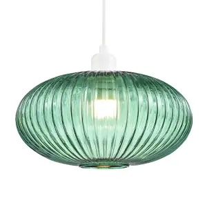 Modern Designer Emerald Forest Green Line Ribbed Glass Oval Pendant Lamp Shade