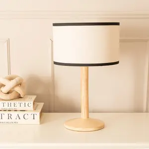 ValueLights Triston Natural Light Wood Stem Table Lamp with Linen Black Trim Drum Lamp Shade and LED Bulb