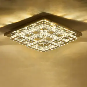 3 Lamp Square Layered Large Size Glamourous Crystal Chandeliers LED Ceiling Light 60cm Dimmable