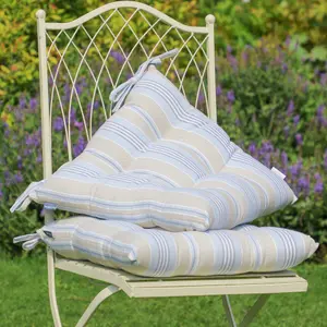 Set of 4 Blue Striped Outdoor Garden Chair Seat Pads