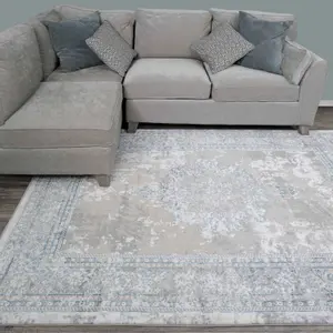 Blue Grey Traditional Medallion Bordered Living Area Rug 240x330cm