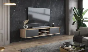 Chic Frida 40 Floating TV Cabinet 1800mm in Light Oak & Anthracite - Contemporary Media Unit H320mm D360mm