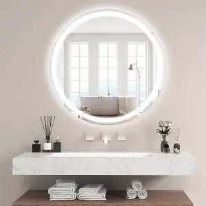 Costway 80 x 80cm LED Bathroom Mirror Wall Mounted Round Mirror with 3-Color Dimmable Lights