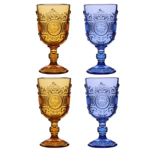 Set of 4 Embossed Blue & Golden Drinking Wine Glass Goblets 300ml