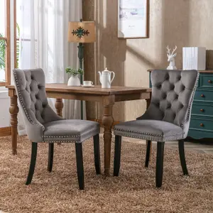 Pair of Lux Grey Velvet Kitchen Dining Chairs with Pull Knocker Wing Back Home Office Bedroom Chairs