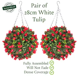 Pair of Best Artificial 28cm Red Tulip Hanging Basket Flower Topiary Ball - Suitable for Outdoor Use - Weather & Fade Resistant