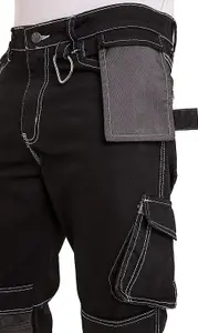 SSS Mens Work Trousers Mens Holster Pockets with Knee Pad Black Cargo Pants 40in Waist - 34in Leg.