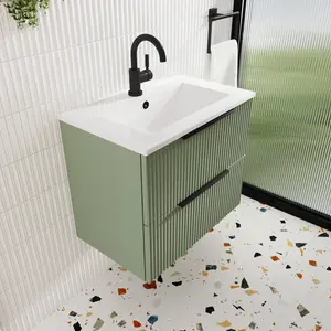 Fluted 500mm Wall Hung Single Vanity Unit Satin Green