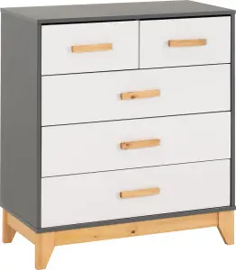 Cleveland 3+2 Drawer Chest in White and Pine with Grey Metal Effect