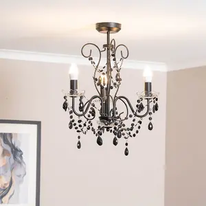 ValueLights Viscount Black 3 Way Ceiling Light Chandelier Fitting with Clear Acrylic Jewel Droplets