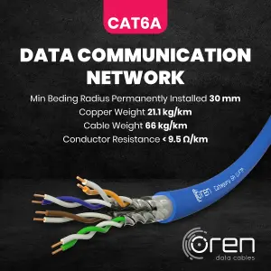 Oren CAT6A 50m Ethernet Cable - 23 AWG Pure Copper Wire - 500 MHz Bandwidth U/FTP Internet LAN Network Cable - Halogen Free