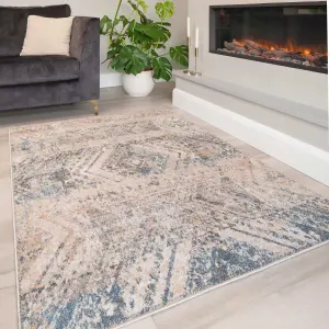 Blue Beige Distressed Diamond Soft Living Area Rug 120x170cm