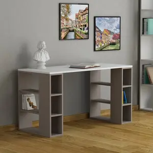 Simone Modern Desk with Built-in Bookcase – Stylish Workspace Desk with 6 Open Shelves Light Mocha / White