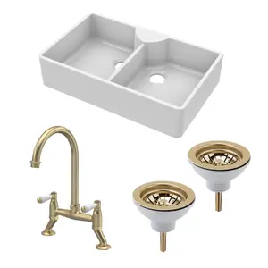 Fireclay Kitchen Bundle - Double Bowl Butler Sink, 2 x Wastes & Bridge Lever Tap, 895mm - Brushed Brass - Balterley