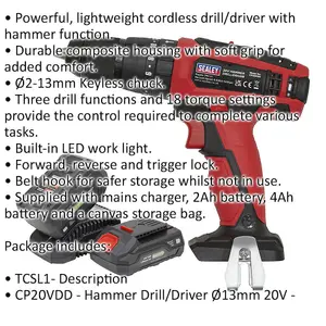 20V Hammer Drill Driver Kit - Includes 2 x Batteries & Charger - Storage Bag