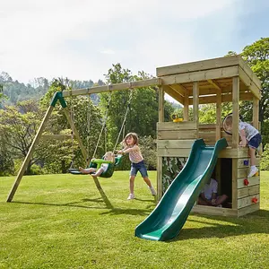 Rebo Wooden Lookout Tower Playhouse with 6ft Slide & Swings - Badlands