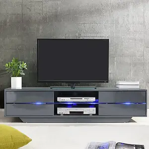 Sienna TV Stand With Storage for Living Room and Bedroom, 1600 Wide, LED Lighting, Media Storage, Grey High Gloss Finish